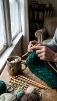 Senior woman knitting green wool sweater by window with tea cup and wooden needles in cozy home interior for relaxation and handmade crafts hobby.