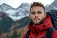 Young Caucasian male hiker with backpack wearing red jacket against snowy mountain peaks background during outdoor adventure expedition in wilderness landscape.