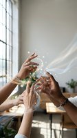 Multiple hands reaching together with magical light effects and sparkles in modern office space for teamwork and collaboration concepts.