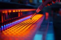 Laboratory pipette dispensing sample onto microplate for scientific research and medical testing with colorful lighting effects.