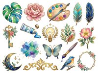 Watercolor art supplies and nature elements including feathers, flowers, butterfly, paintbrush, palette, and decorative ornaments on isolated white background for design projects.