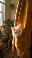 White kitten peeking from golden knit sweater pocket near sunny window with houseplants, cozy home interior setting for lifestyle and pet content.