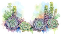 Watercolor succulent arrangement with green and purple plants on white background for botanical design projects.
