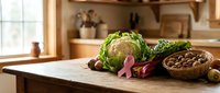 Fresh organic vegetables including cauliflower and leafy greens arranged on rustic wooden kitchen counter for healthy cooking and meal preparation.