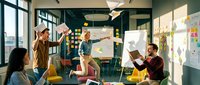 Diverse business team collaborating in modern office space with charts and sticky notes during creative brainstorming session.