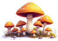 Orange spotted mushrooms growing in grass and stones, with detailed watercolor style texture and white speckles on caps, creating magical forest atmosphere.