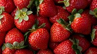 Fresh ripe strawberries with green leaves in macro view showing detailed texture, seeds and natural pattern. Bright red organic berries for healthy eating.