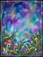 Enchanted forest floor with luminescent mushrooms and glowing plants beneath a cosmic galaxy sky filled with stars and nebula clouds, perfect for fantasy art, book illustrations, and mystical designs.