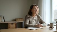 Middle-aged woman with long brown hair and fair complexion, wearing a beige cardigan, sitting at a wooden desk with an open notebook and coffee mug, gazing thoughtfully out a bright window in a minimalist home office setting.