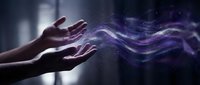 Hands releasing glowing purple energy waves in dark space, representing magic, spirituality, healing power, and mystical force for wellness and supernatural concepts.
