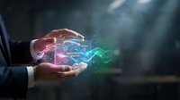 Businessman hands protecting glowing digital transformation hologram with network connections and data particles in futuristic technology concept.