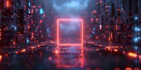 Futuristic cyberpunk cityscape with glowing neon red square portal reflecting on wet surface, perfect for sci-fi gaming backgrounds and digital art projects. Dark atmospheric night scene.