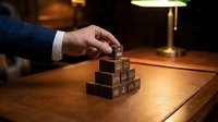 Businessman hand stacking wooden blocks with icons on office desk under lamp light, representing business growth, strategy and risk management concept.