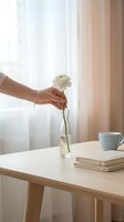 Woman's hand placing white ranunculus flower into clear glass vase on wooden desk with notebooks and mug, bright window with sheer curtains, minimal workspace styling.