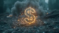 Glowing dollar sign symbol emerging from dark ground with magical sparks and smoke effects, creating mystical financial concept in moody atmosphere.