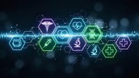 Medical technology hexagonal icons with glowing neon effects on dark background for healthcare innovation presentations and digital health concepts.
