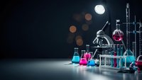 Laboratory glassware with colorful chemical solutions on dark background. Science research equipment for experiments and analysis in modern lab setting.
