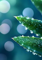 Macro shot of aloe vera plant leaves with morning dew drops and bokeh effect in background. Fresh green spiky leaves showcase natural water droplets in detail.