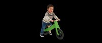 Toddler boy, approximately 2-3 years old, light skin tone, wearing striped shirt and dark pants, riding green balance bike on transparent background. Ready for clipart, t-shirt design, print-on-demand products, and sublimation projects.