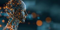 Digital human profile with glowing network connections against dark blue background with bokeh light effects, representing artificial intelligence technology.