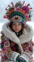 Young Asian girl wearing ornate traditional winter festival costume with elaborate headdress featuring colorful beading, feathers and embellishments, fur-trimmed coat with intricate embroidery and decorative details.