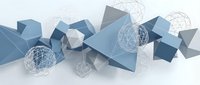 Abstract geometric composition with blue cubes and wireframe spheres on white background for modern digital design and technology concepts.