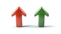 Red and green upward pointing arrows on white background, glossy dimensional design elements for business presentations and financial growth concepts.