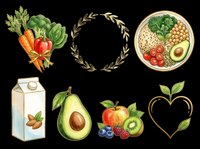 Watercolor healthy food clipart set with vegetables, fruits, bowl, milk carton, and heart on transparent background. Great for nutrition, wellness stickers, T-shirts, print on demand.