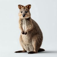 Adorable quokka standing upright on white background, showing characteristic happy expression and brown fur. Australian marsupial isolated for nature and wildlife projects.