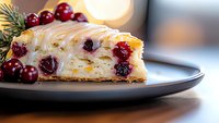 Fresh cranberry cheesecake slice on dark plate garnished with pine sprigs and berries, drizzled with white glaze, close-up view showing creamy texture.