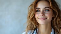 Young Caucasian woman with wavy blonde hair and blue eyes smiling warmly at camera against blurred light background. Natural makeup and genuine expression convey happiness and confidence.