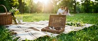 Romantic outdoor picnic on green grass with wooden Love box, chocolates, flowers, and wicker basket, couple relaxing in sunlit park background.