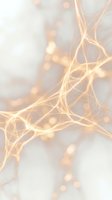 Abstract golden neural network connections with glowing nodes and soft bokeh lights on warm beige background for medical and technology designs.