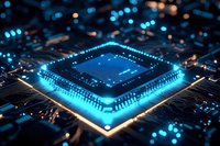 Glowing blue microprocessor on circuit board with digital connections and electronic pathways, modern computing technology concept for AI and data processing.