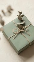 Sage green gift box with natural twine bow and eucalyptus branch decoration on neutral background for eco-friendly wrapping and sustainable packaging.