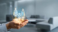 Family protection concept with glowing holographic figures of parents and child floating above open palm in modern office environment for insurance marketing.