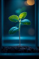 Young green plant seedling growing in soil on windowsill with warm bokeh lights creating hopeful atmosphere for growth and development concepts.