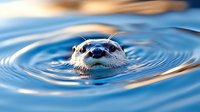 Curious seal head emerging from calm blue water creating gentle ripples at surface during golden hour light for wildlife and marine mammal concepts.