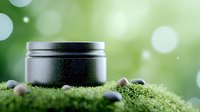 Black cosmetic jar on green moss with bokeh background, natural skincare product photography for organic beauty and wellness marketing materials.