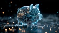 Digital piggy bank with glowing network connections representing fintech, cryptocurrency savings, and modern banking technology solutions.