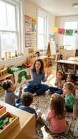 Female Caucasian teacher reading story to diverse group of preschool children sitting on classroom floor during circle time learning activity.