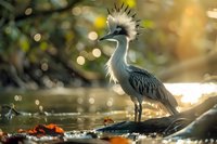 Yellow crested heron standing on fallen log in shallow water during golden sunset hour, bokeh nature background creates dreamy atmosphere for wildlife photography.