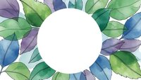 Watercolor leaves frame with white circle space for text in green blue purple tones isolated on white background for natural design projects.