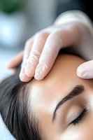 Professional massage therapist performing facial treatment on young woman with well-groomed eyebrows at luxury spa salon, closeup view of relaxation procedure.