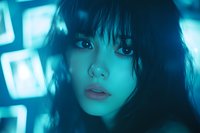Young Asian woman with bangs in dramatic blue neon lighting looking directly at camera with parted lips, creating mysterious cyberpunk atmosphere.