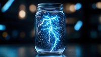Glowing blue lightning bolt trapped inside glass mason jar against dark background with bokeh lights, magical energy concept for creative design projects.