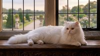 Fluffy white Persian cat relaxing on wooden windowsill with garden view through vintage window panes during golden hour sunlight.