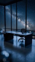 Modern office workspace with minimalist desk and chair overlooking expansive night sky filled with stars and milky way galaxy through floor-to-ceiling windows, suitable for business and corporate design projects.