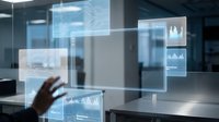 Modern office workspace with floating holographic data visualization screens displaying charts and analytics for business intelligence and digital transformation.