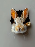 Rabbit head emerging through hole in wall, with large ears and curious expression against neutral background. Playful wildlife concept.